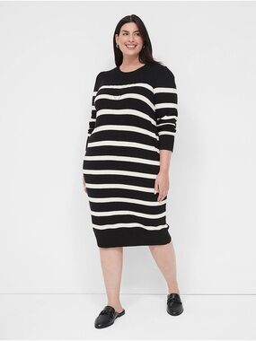 Lane Bryant Black & Cream Striped Crewneck Sweater Dress